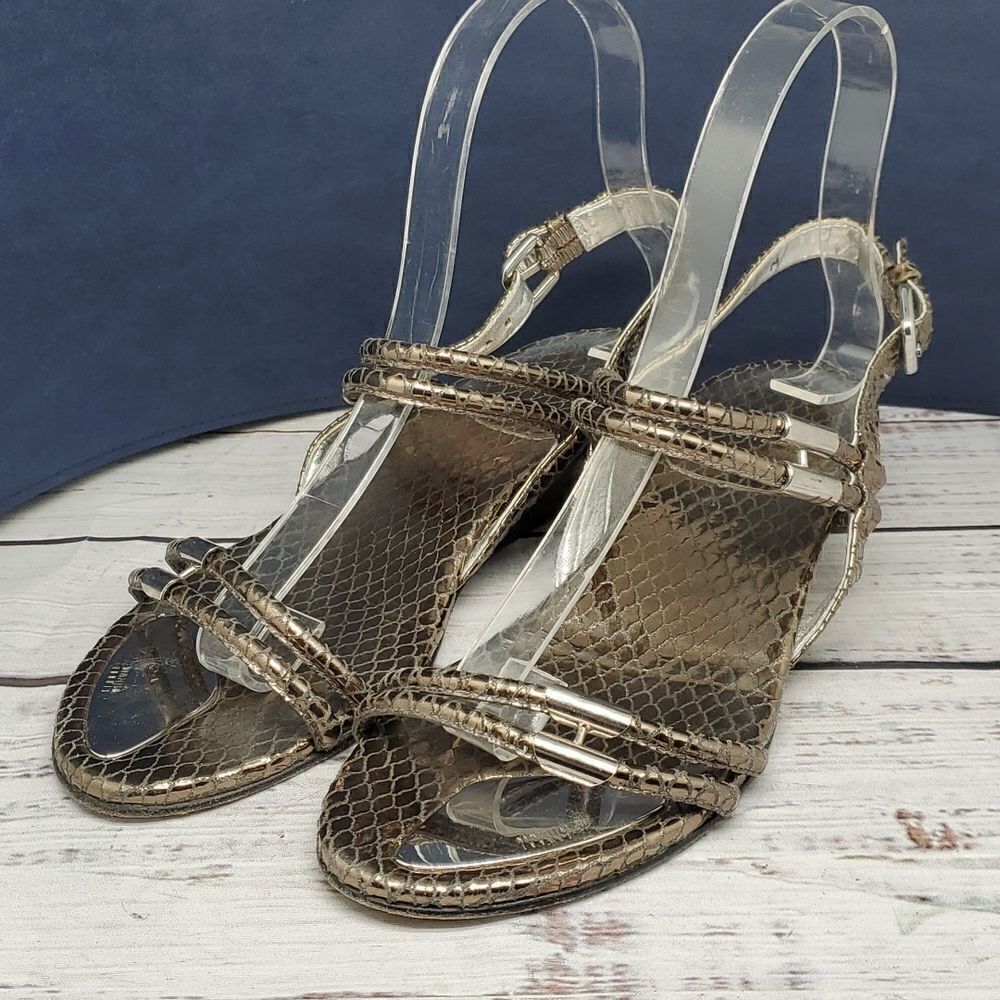 𝅺STUART WEITZMAN Pewter Silver‎ Snakeskin Python Print Embossed Wedge Sandals - Picture 3 of 12